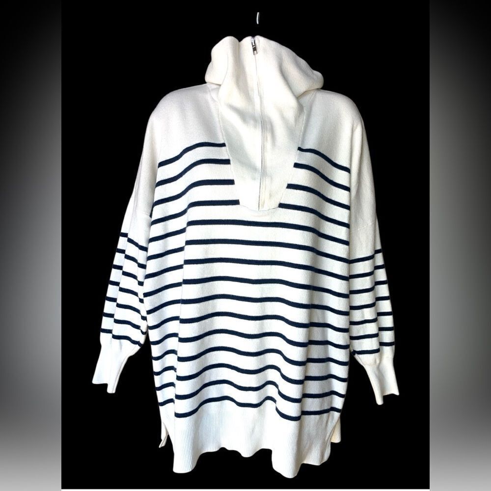 Pink Lily Large Long Sleeve Ivory/Navy Striped Quarter Zip Pullover Super Soft